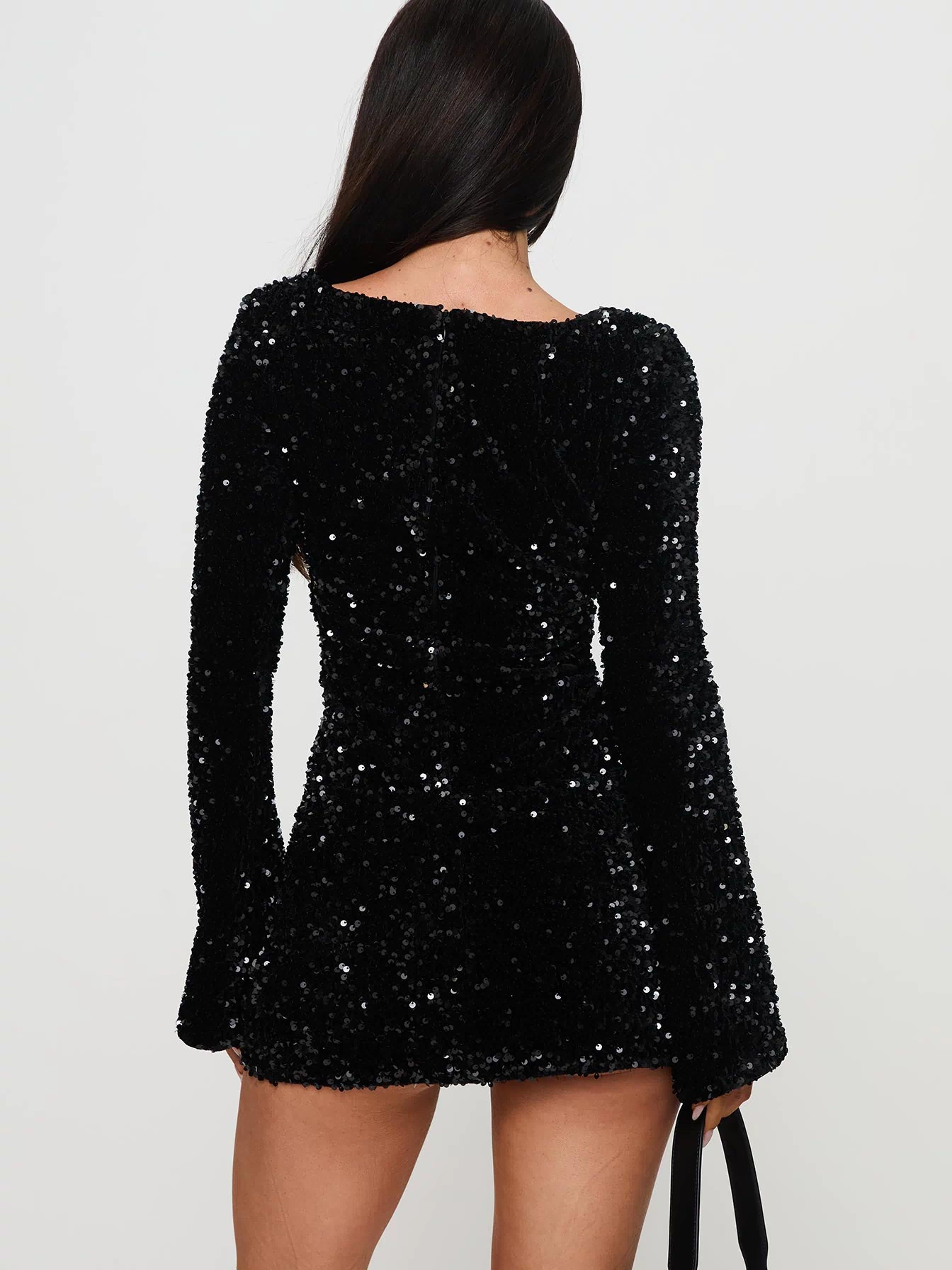 back view of model wearing Princess Polly Vinelle Long Sleeve Mini Dress Black Square Neck 