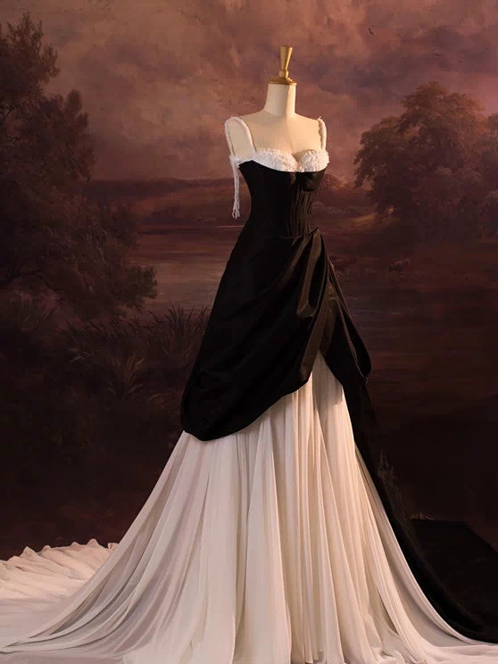 Vintage Ball Gown Spaghetti Straps Black Long Prom Dresses 1950S Retro Evening Dress