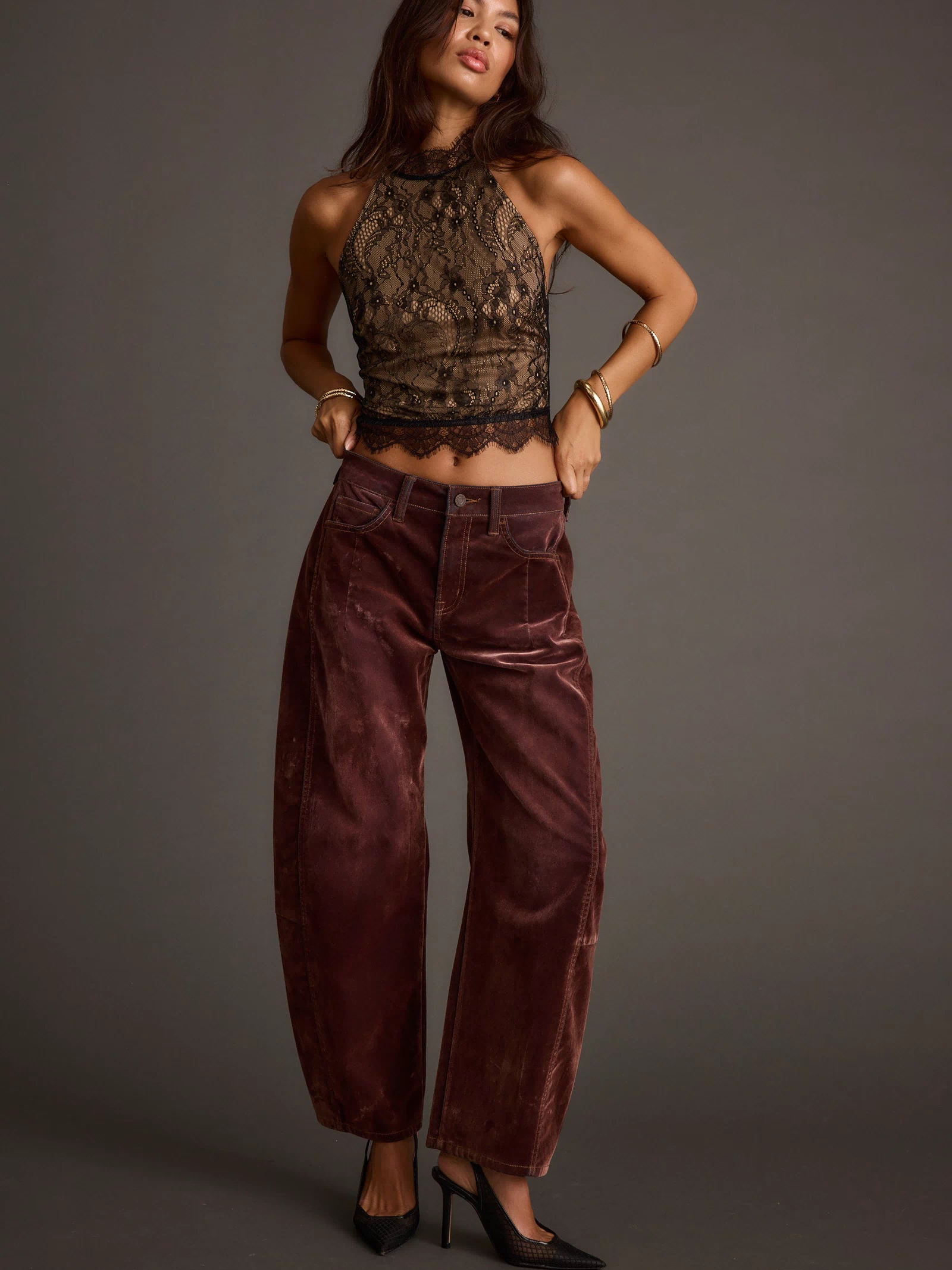 Additional view of the Vivette Black Lace Mock Neck Halter Top from a different perspective.