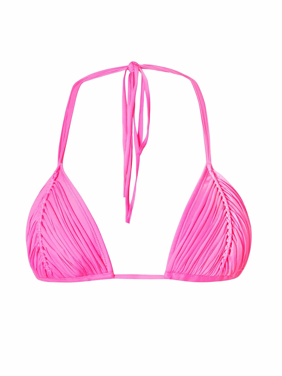 A pink bikini top against a white wall. 