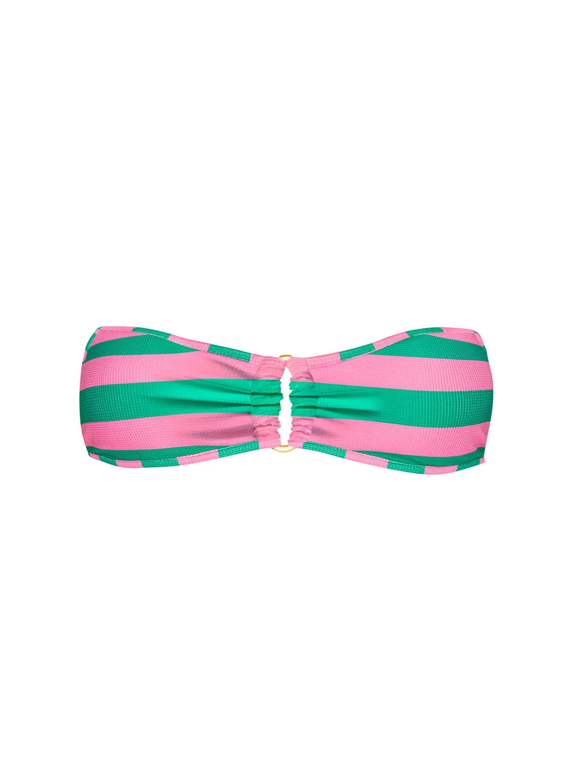 Striped bandeau bikini top in pink and green on a white background
