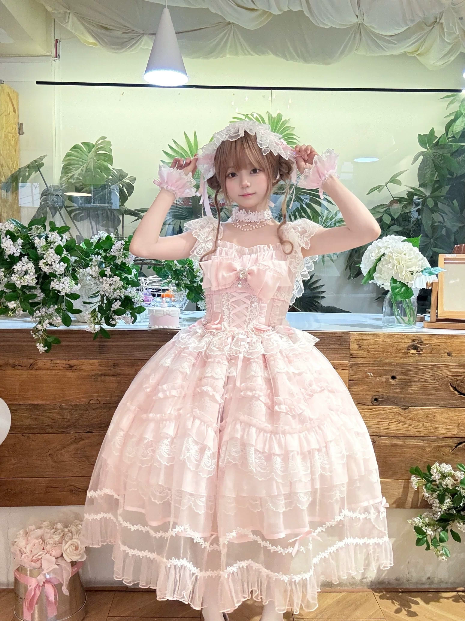 Eternal Vow - Wedding Lolita JSK, Detachable Overlay Pink JSK + Tulle Overlay + Back Bow + Headband (choker excluded) S
