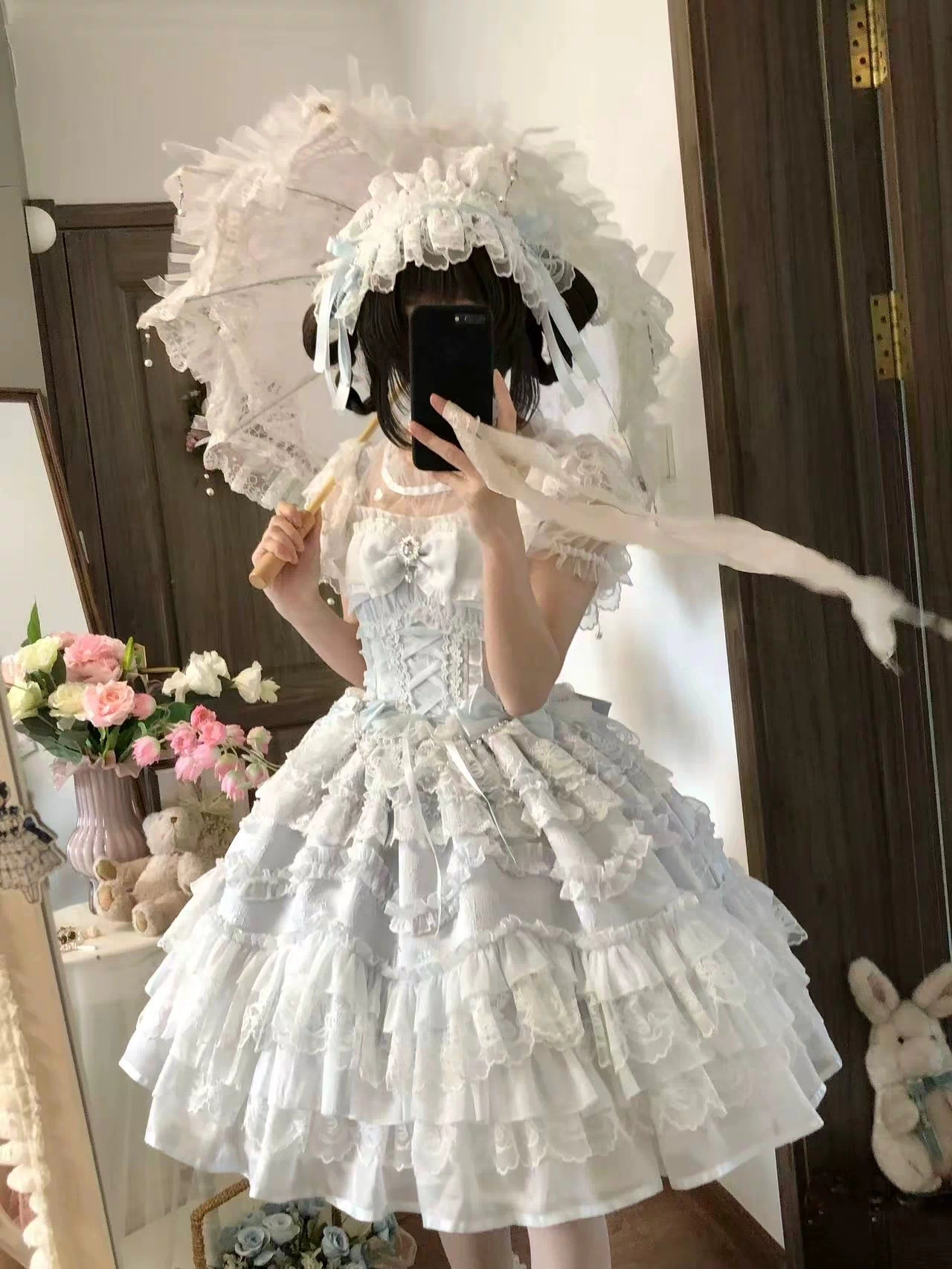 Eternal Vow - Wedding Lolita JSK, Detachable Overlay Blue JSK + Tulle Overlay + Back Bow + Headband (choker excluded) S