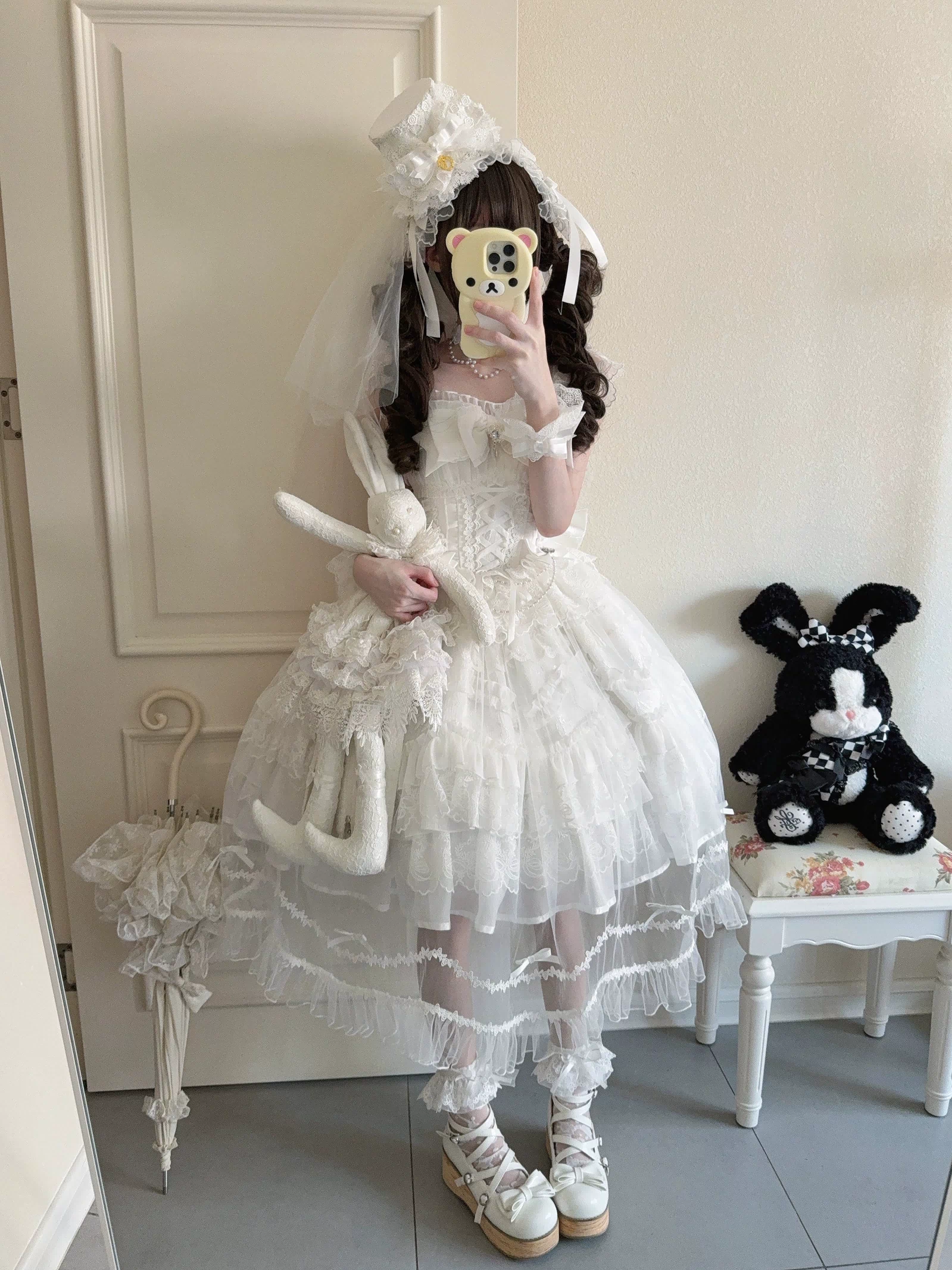 Eternal Vow - Wedding Lolita JSK, Detachable Overlay White JSK + Tulle Overlay + Back Bow + Headband (choker excluded) S