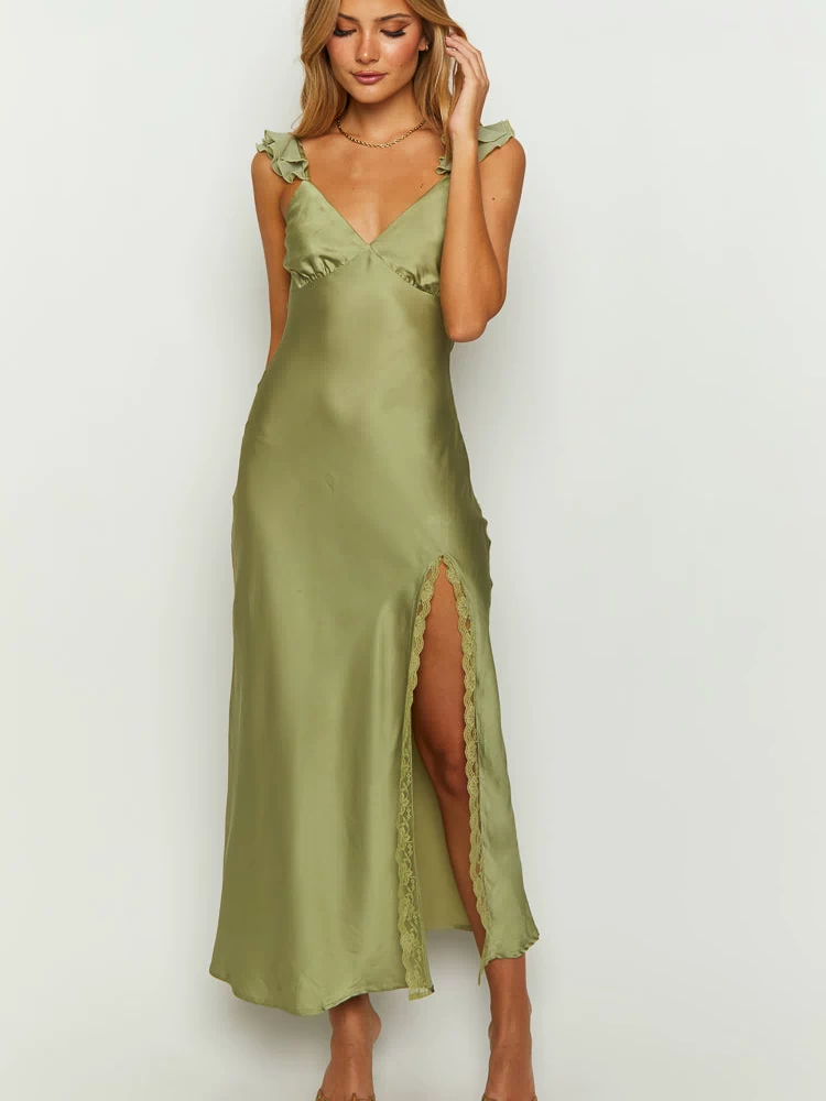 Sage satin maxi dress with a V-neckline, ruffled shoulder straps, and a high leg split with lace trim