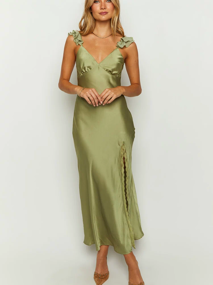 Sage green satin V-neck maxi dress with ruffled shoulder straps and a lace-trimmed side split