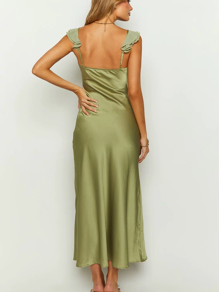 Rear view of a sage satin maxi dress with ruffled shoulder straps and a low scoop back