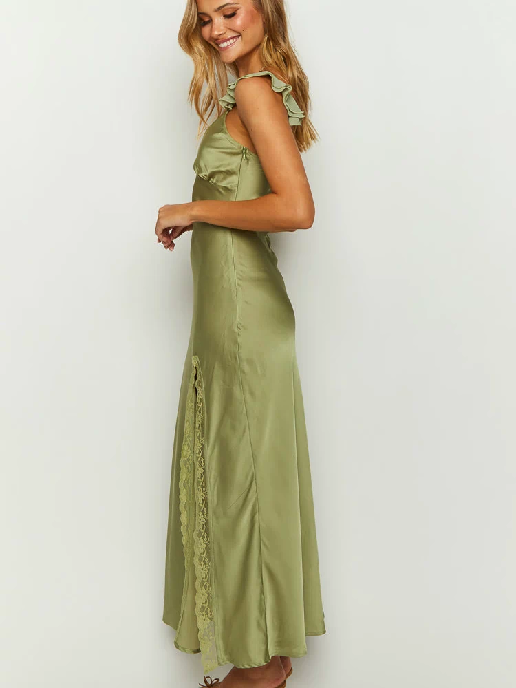 Side view of a sage satin maxi dress with ruffled shoulder straps and a lace-trimmed side slit