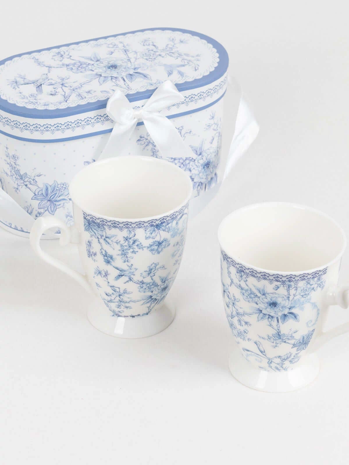 White Blue French Toile Bridal Shower Gift Set, 2 Pack Porcelain Tea Cups With Matching Keepsake Gift Box and Satin Ribbon Handle