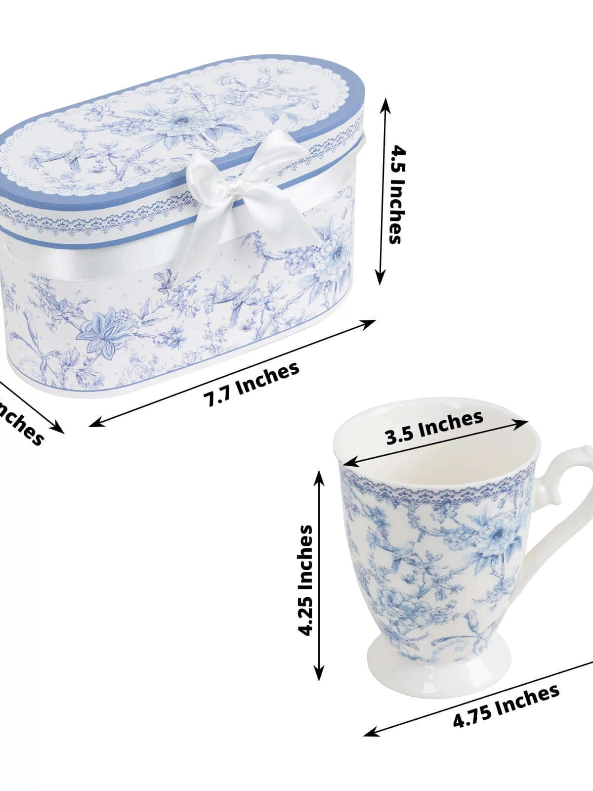 Floral-patterned gift box and cup set with dimensions.
