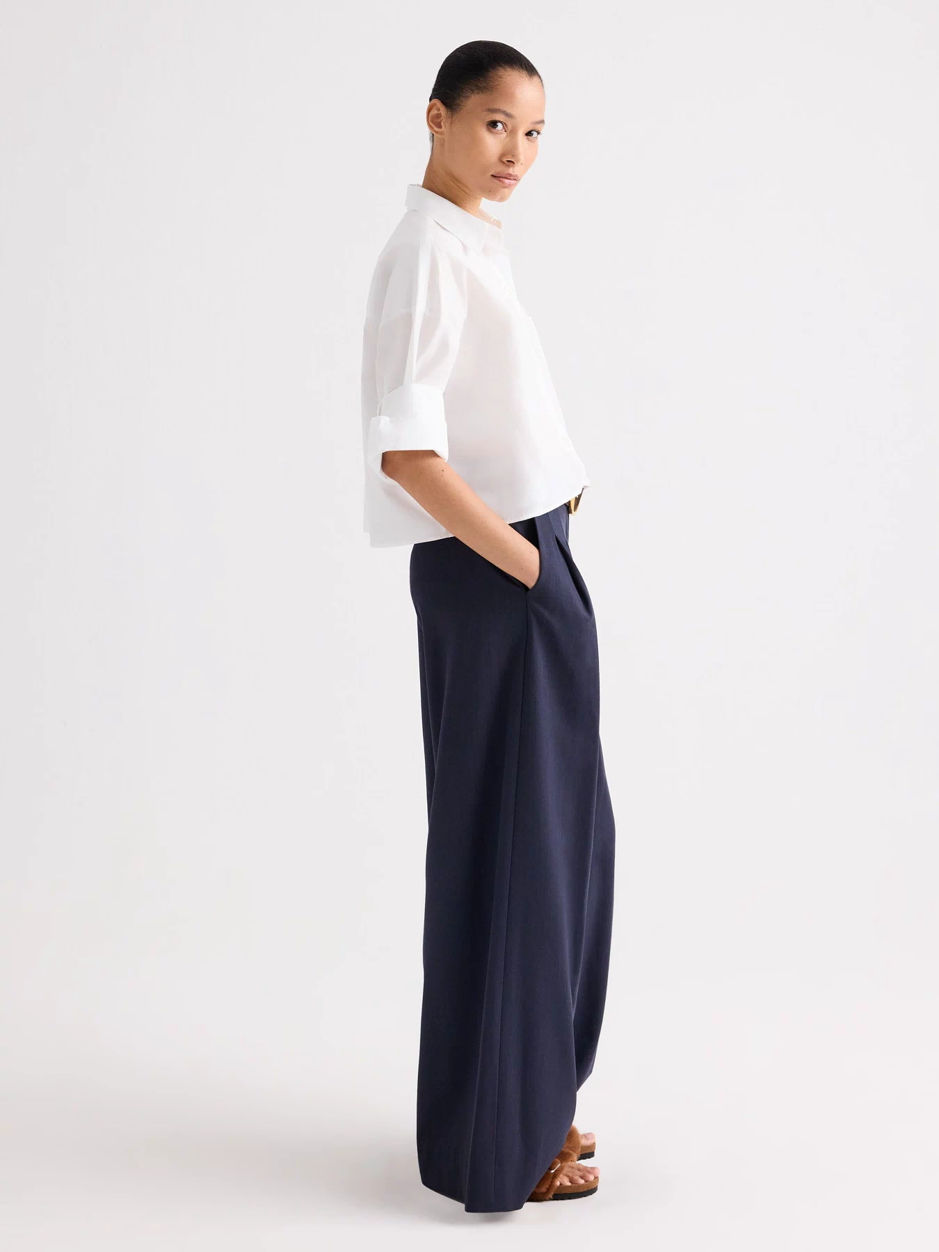 White Next Ex Shirt, Double Roll Cuff and Chest Pocket Detail - Side Close-Up | TWP Clothing
