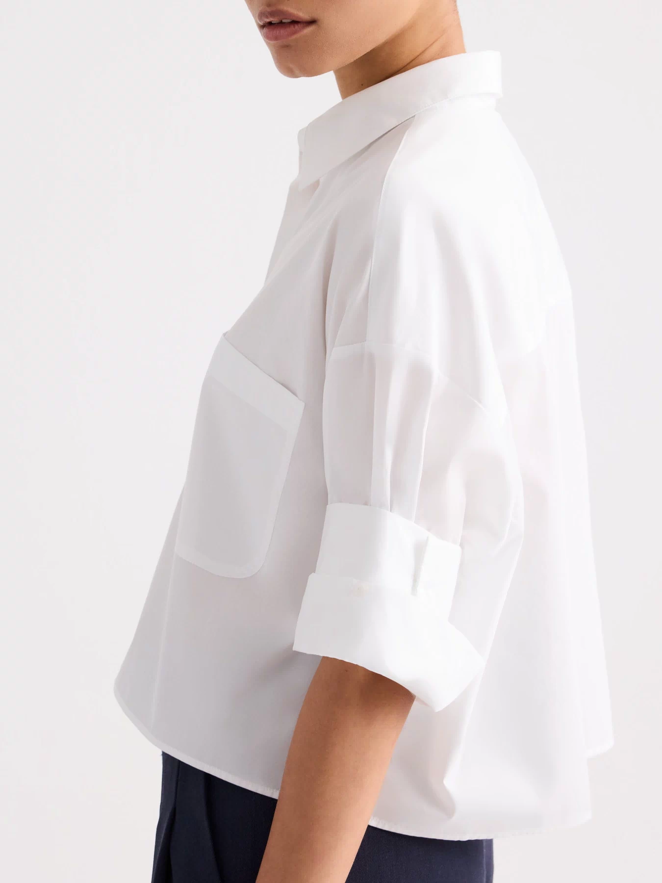 White Superfine Cotton Next Ex Cropped Shirt - Back View On Model | TWP Clothing
