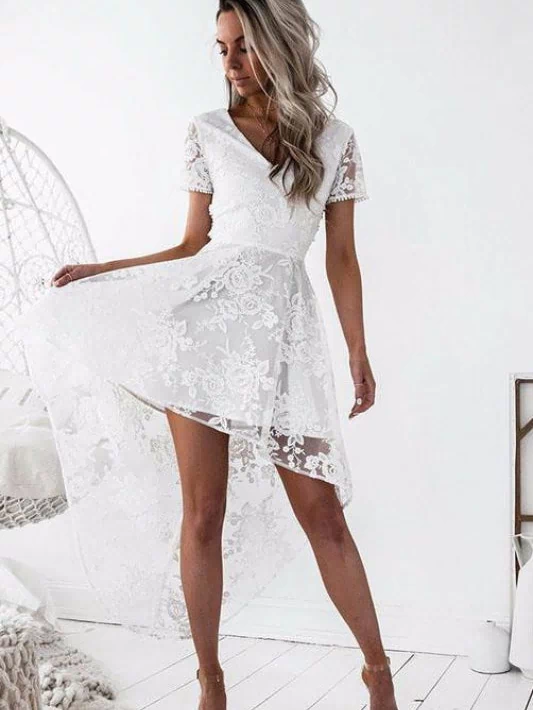 White High-low Short Sleeve V-neck Lace Homecoming Dress Backless Party Gown