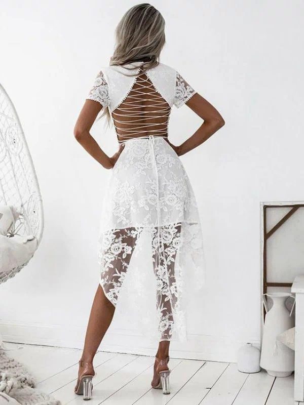 White High-low Short Sleeve V-neck Lace Homecoming Dress Backless Party Gown - Prom Dresses