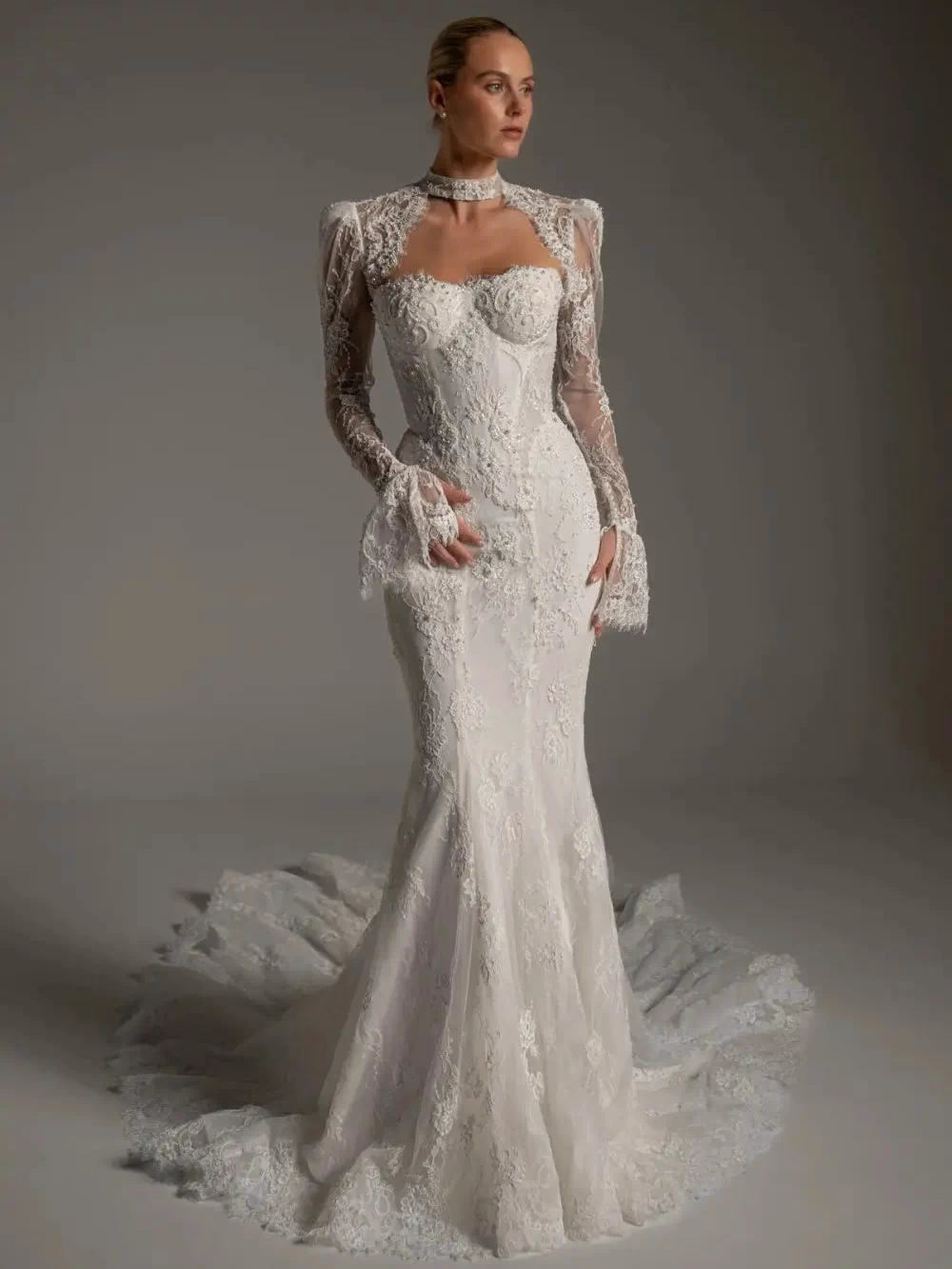 White Lace High Neck Long Sleeve Mermaid Wedding Dress SW164