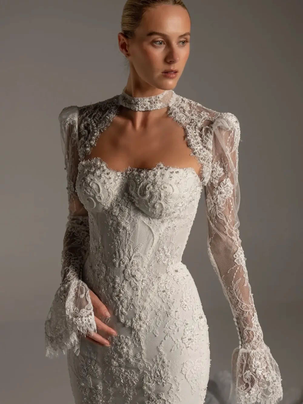 White Lace High Neck Long Sleeve Mermaid Wedding Dress SW164 Sheer Fairy