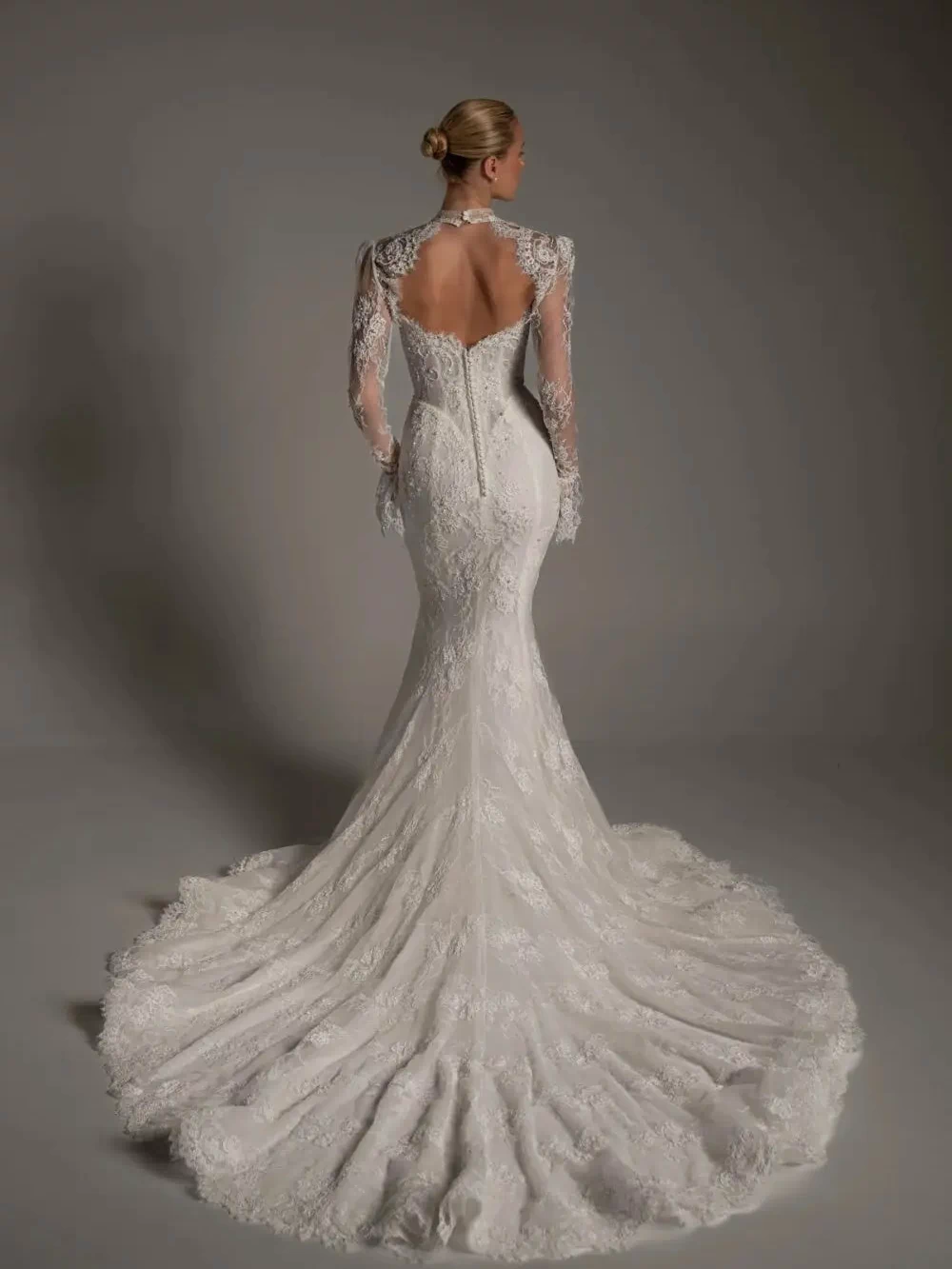 White Lace High Neck Long Sleeve Mermaid Wedding Dress SW164 Sheer Fairy