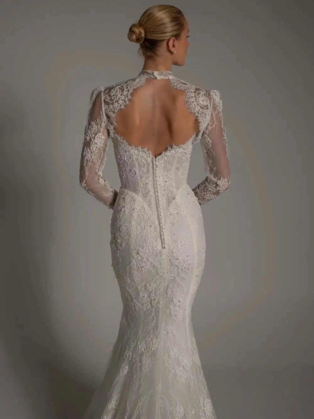 White Lace High Neck Long Sleeve Mermaid Wedding Dress SW164 Sheer Fairy