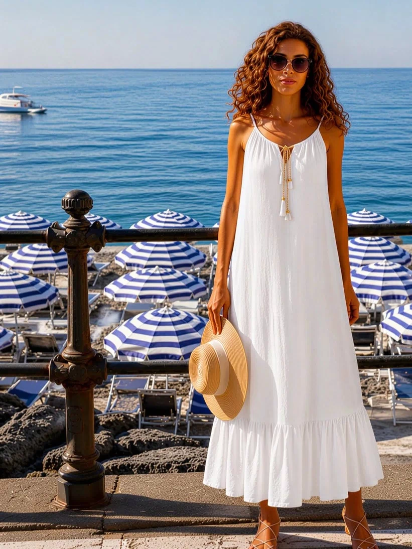 white cotton sleeveless midi dress by Lindsey Brown luxury resort wear