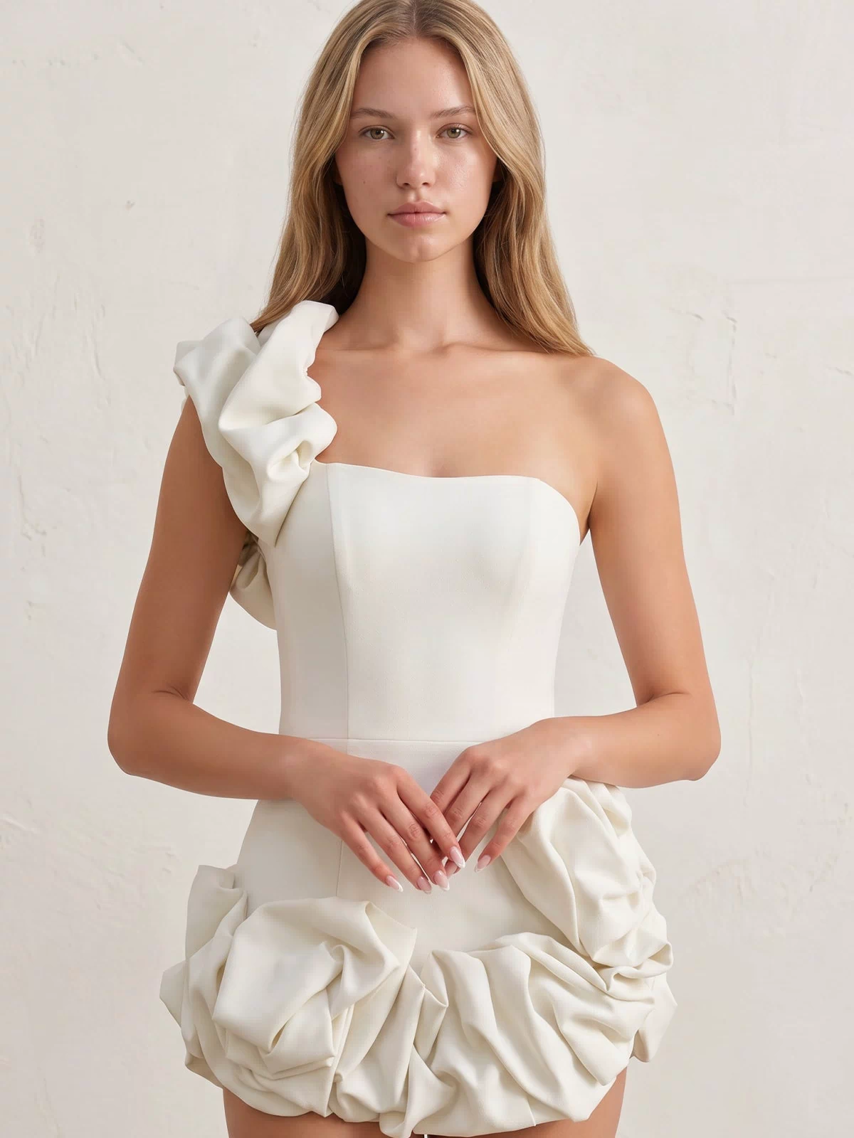 White One Shoulder Bodycon Homecoming Dress With Ruffles – Dress by KissProm | Available at KissProm