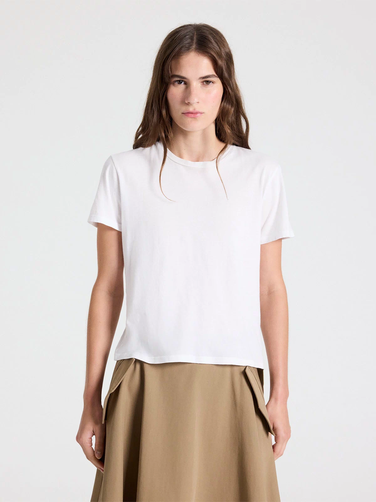 White Supima Cotton T-Shirt - On Model Front, Short Sleeve Detail | TWP Clothing