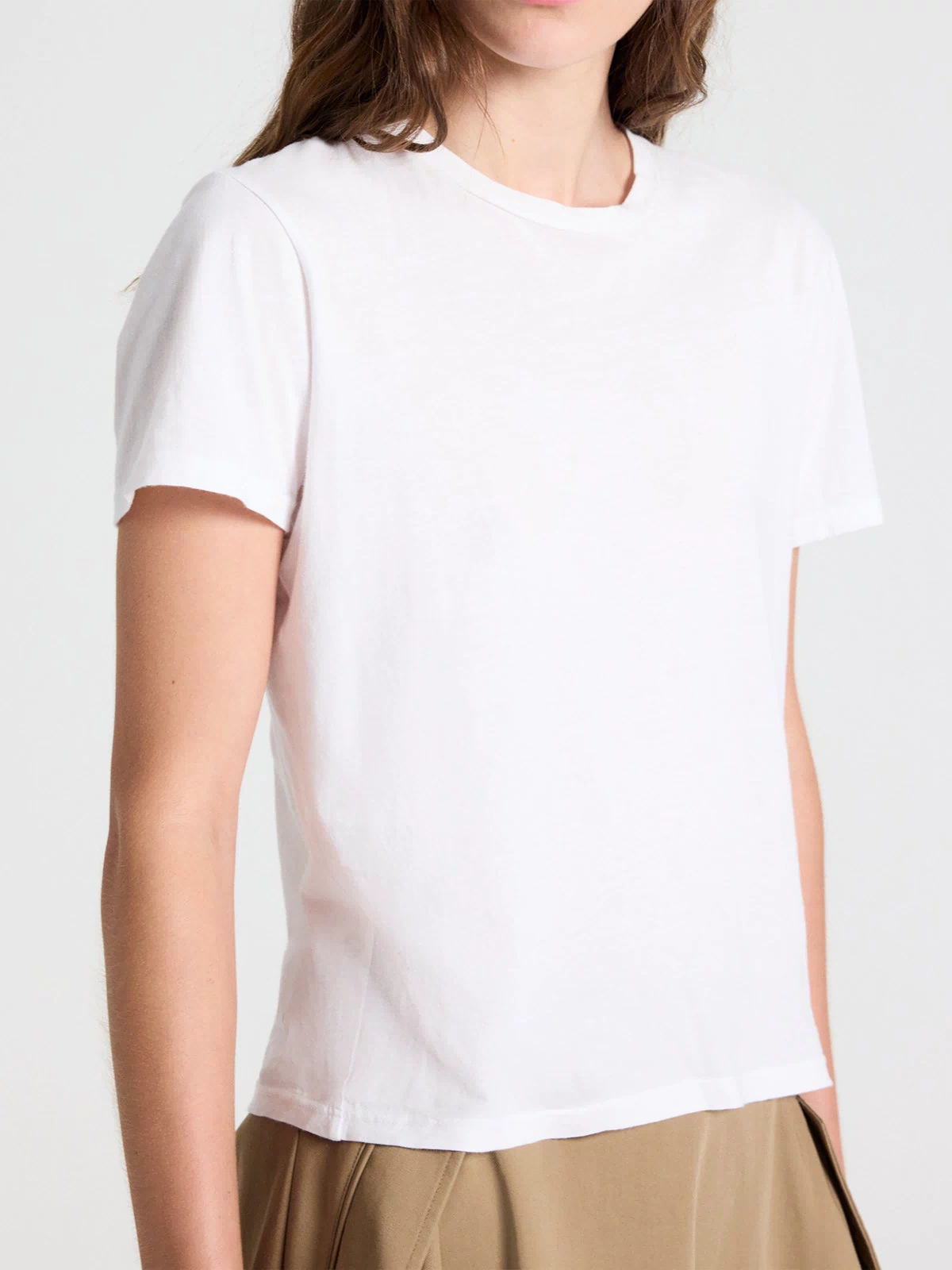 White Supima Cotton Tee - Side Close-Up, Crewneck and Sleeve Detail | TWP Clothing