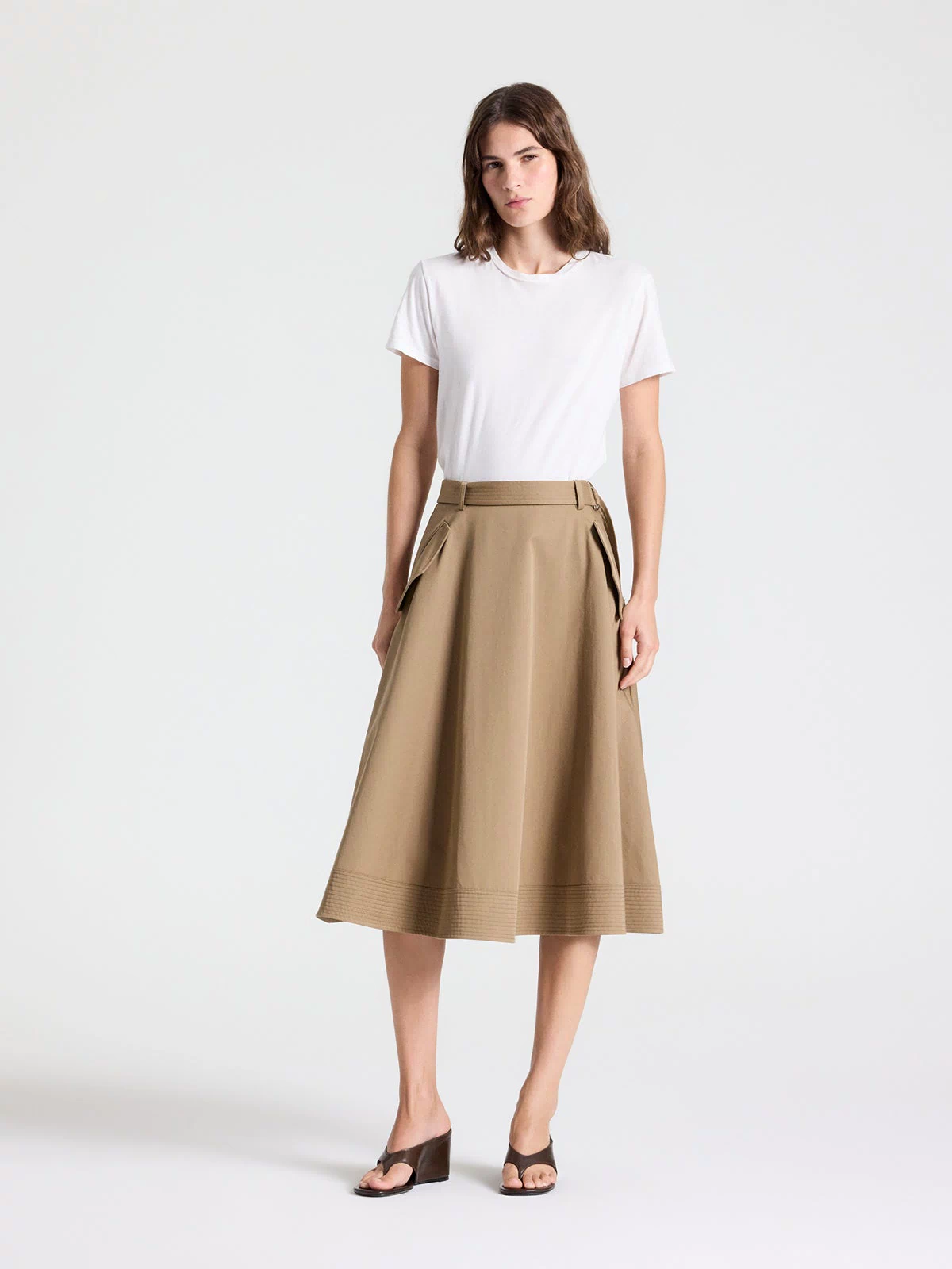 White Supima Cotton Tee - Styled Look, Full Length Front View with Khaki Midi Skirt | TWP Clothing
