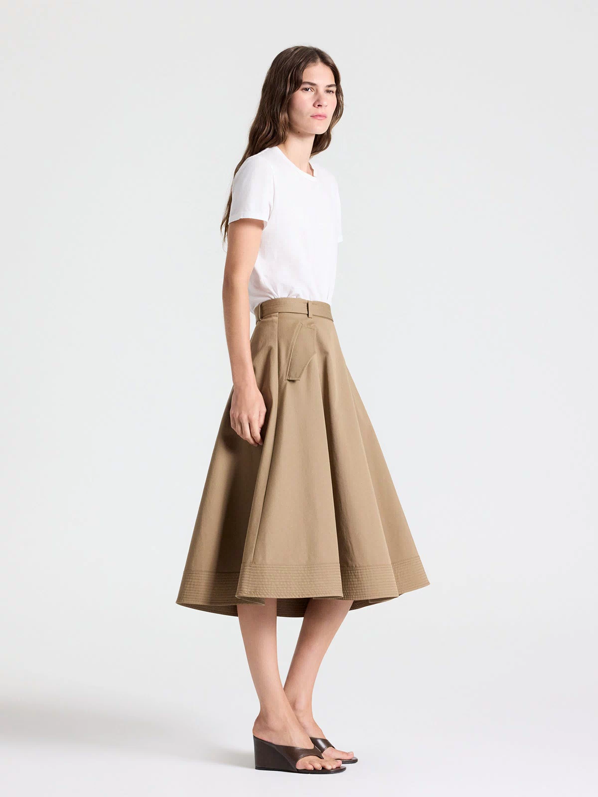 White Supima Cotton T-Shirt - Styled Look, Side Profile with A-Line Midi Skirt | TWP Clothing