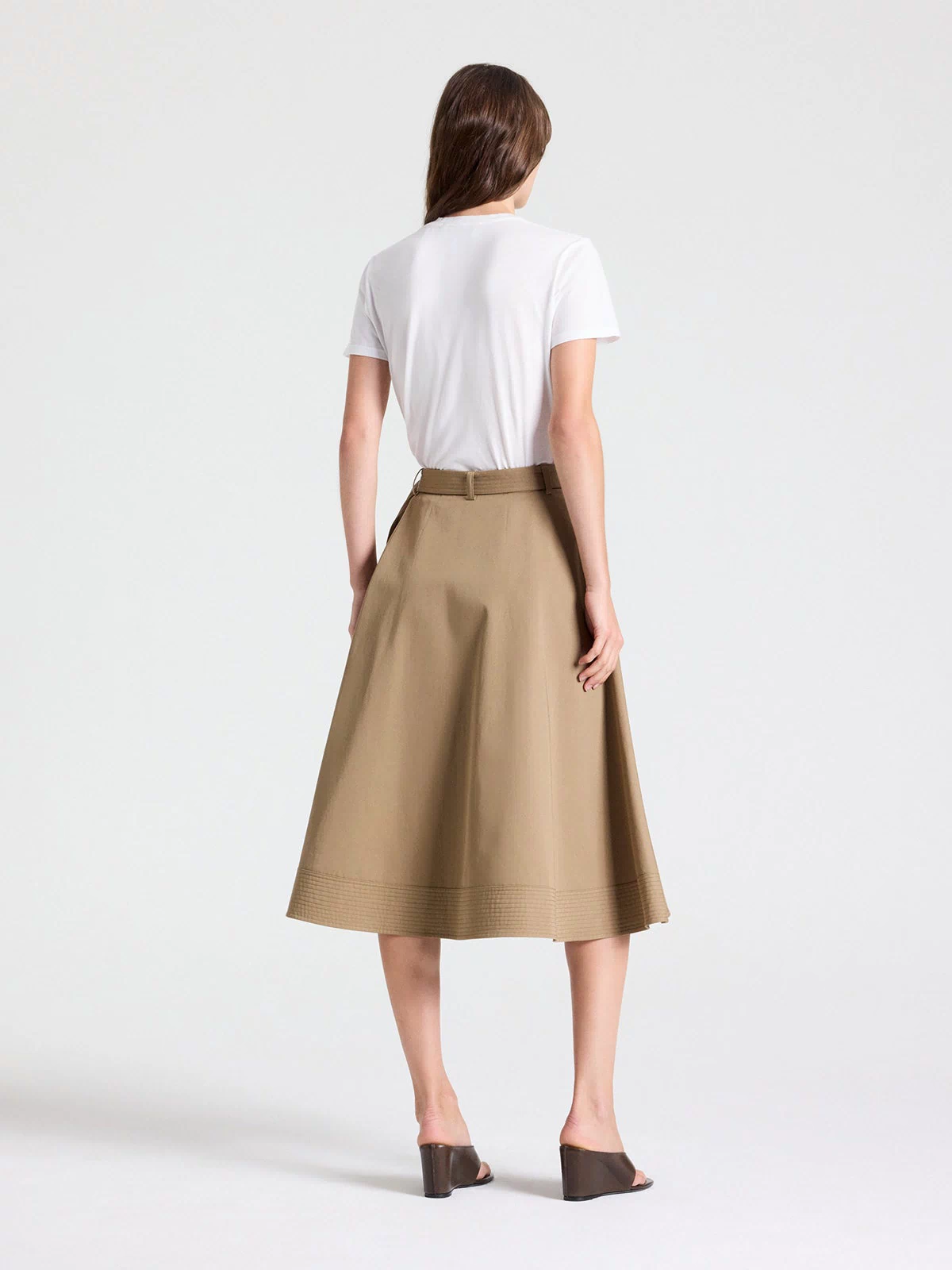 White Supima Cotton Tee - Styled Look, Back View with Khaki Midi Skirt | TWP Clothing