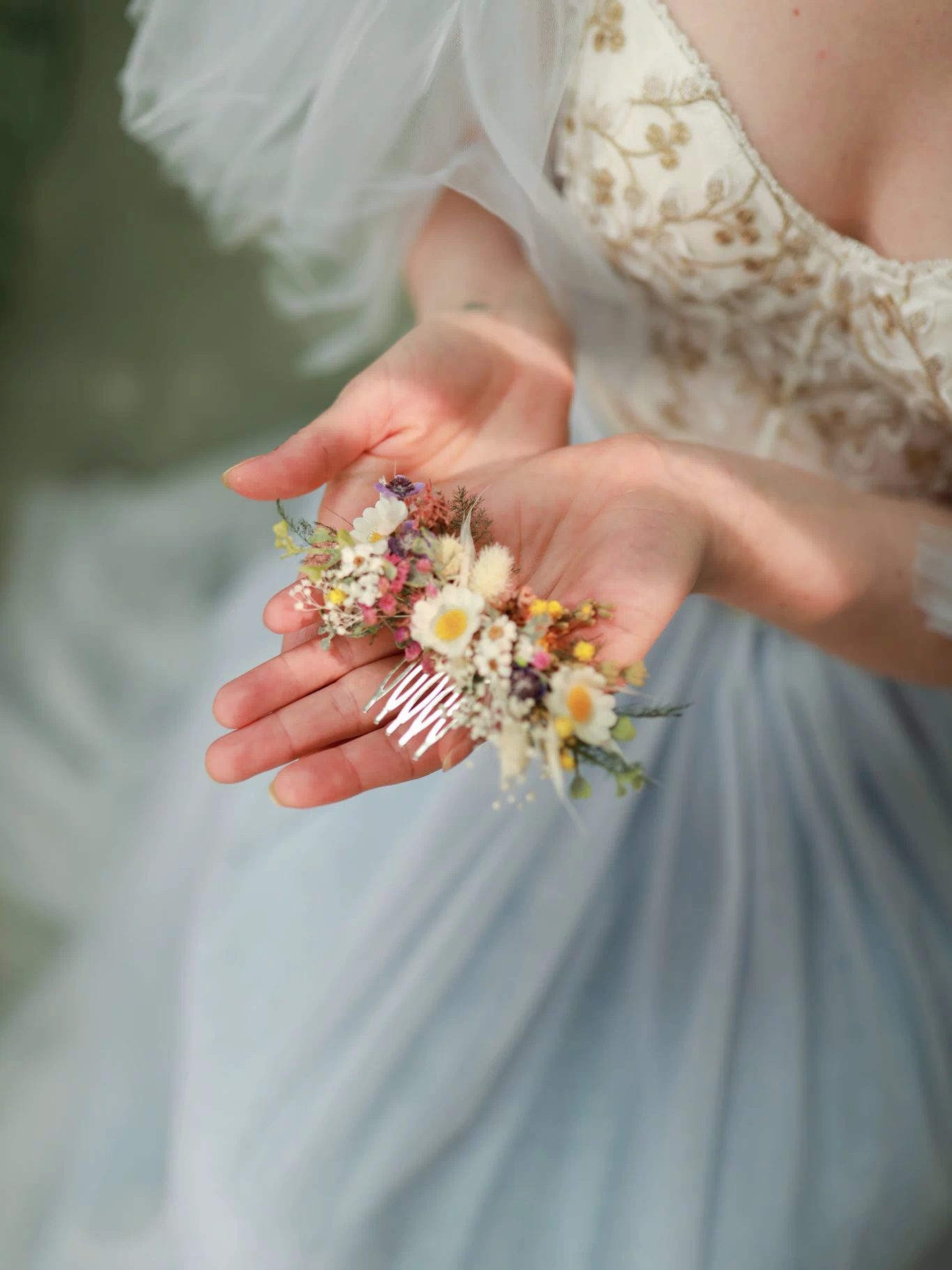 Wildflower Wedding Set – Flower Crown, Hair Comb, Hairpins, Bracelet, Belt, Earrings and Boutonnieres – handmade floral hair accessory by magaela