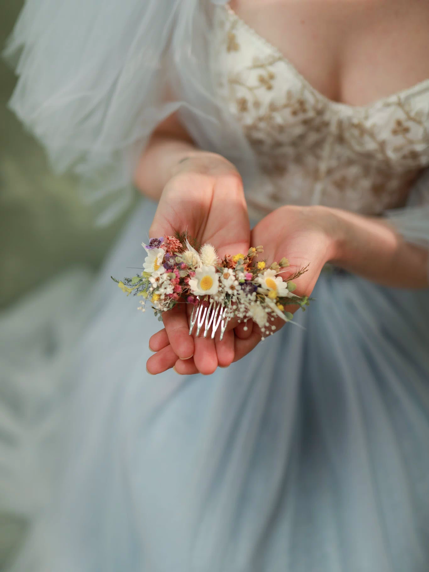 Wildflower Wedding Set – Flower Crown, Hair Comb, Hairpins, Bracelet, Belt, Earrings and Boutonnieres – handmade floral hair accessory by magaela