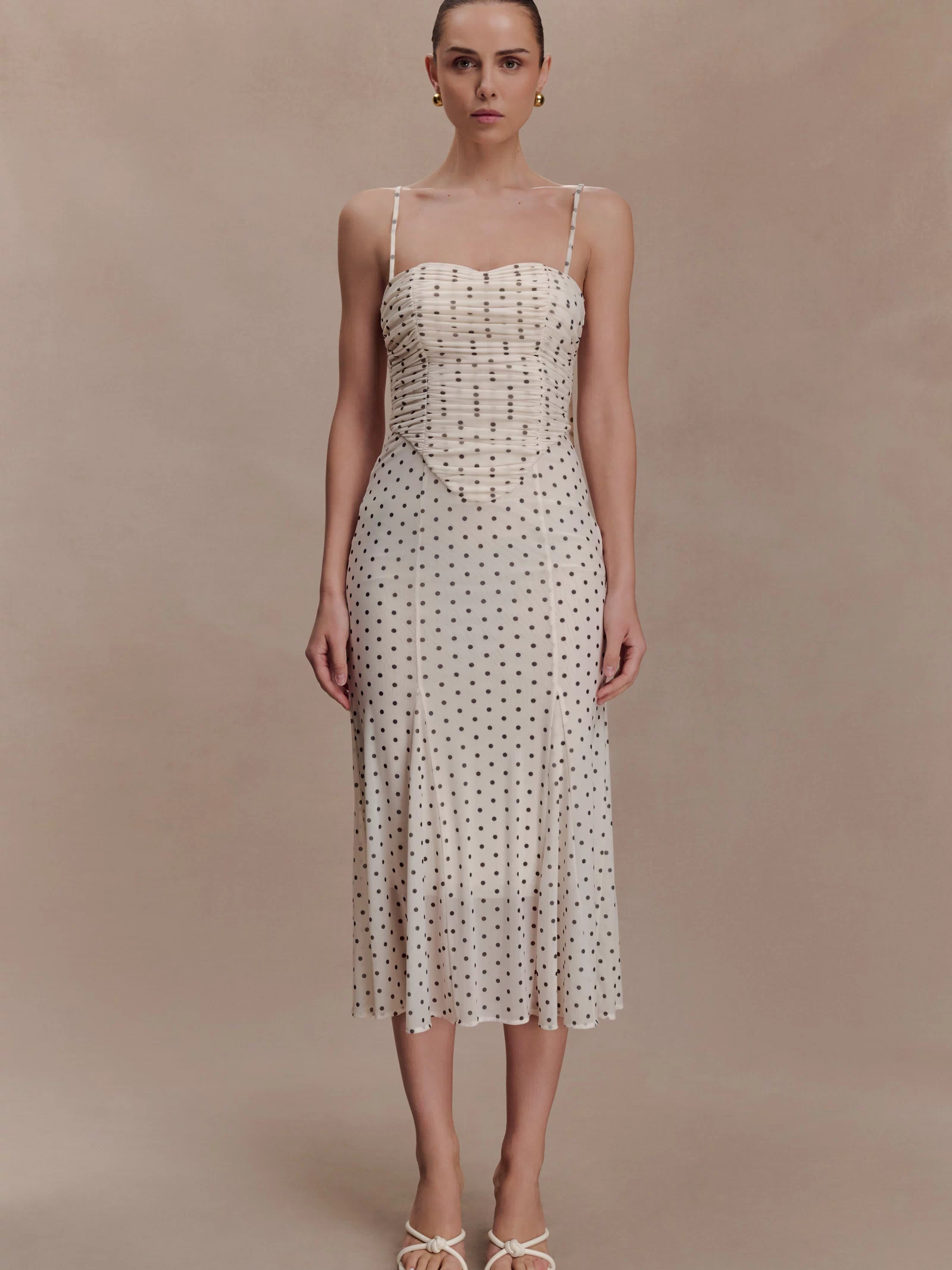 Willa Gathered Mesh Midi Dress - Polka Dot