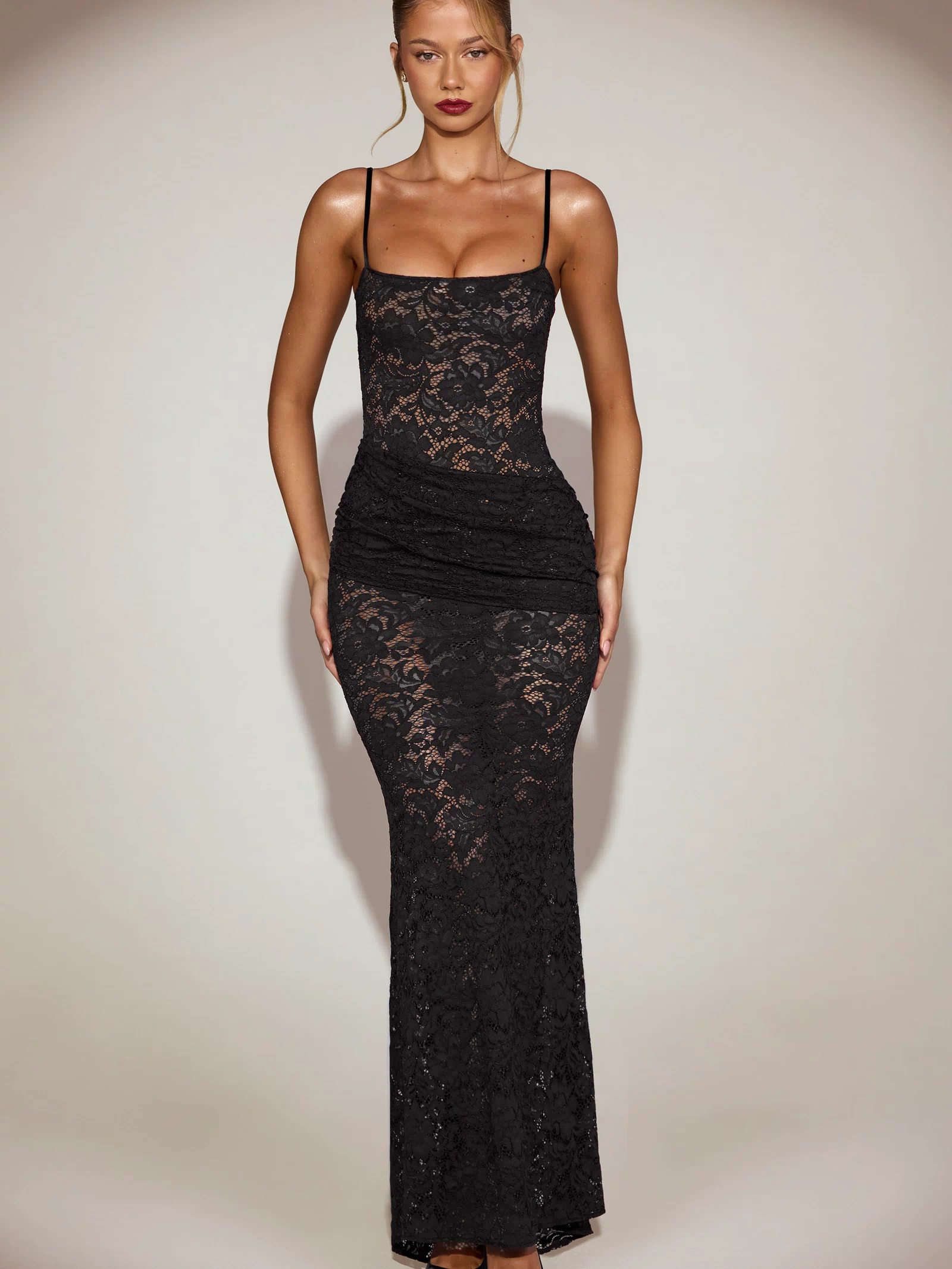 Sheer Lace Square-Neck Ruched Gown in Black
