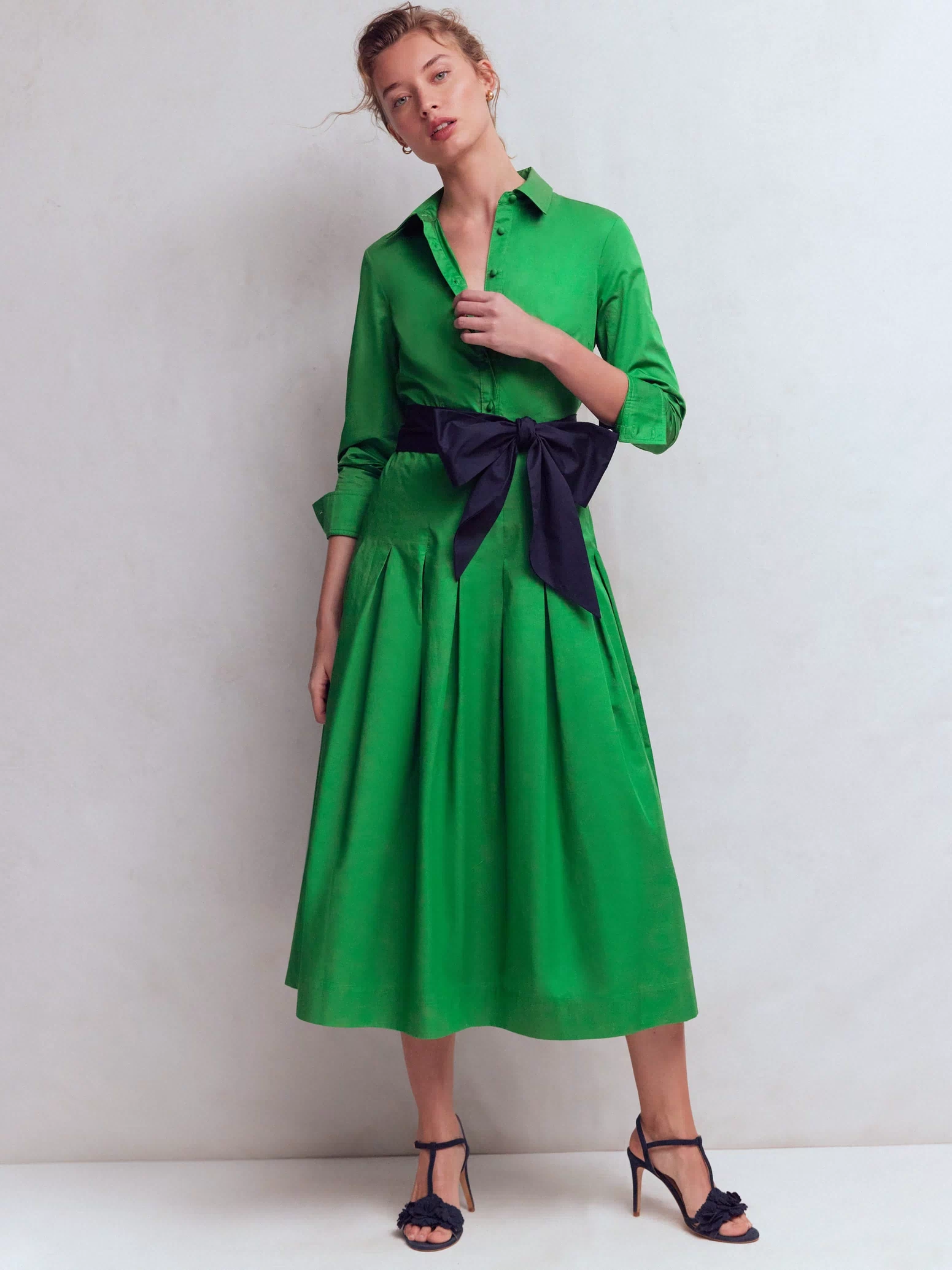 Maxi Pleated Bow Dress-Green Navy