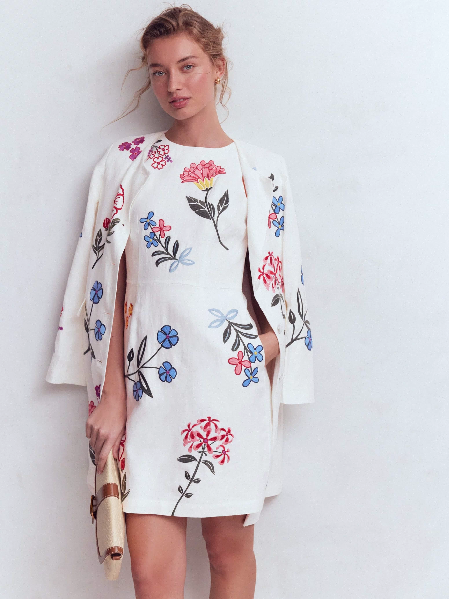 Occasion Short Linen Dress-White Embroidery