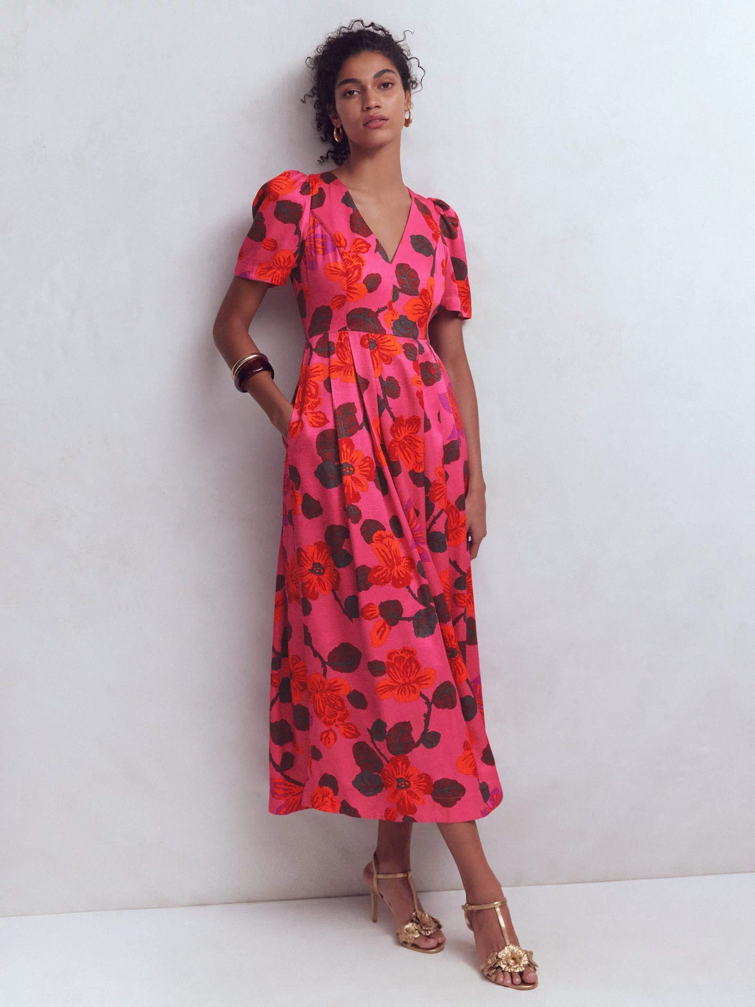 Pleat V-neck Dress-Pink, Elaborate Blossom