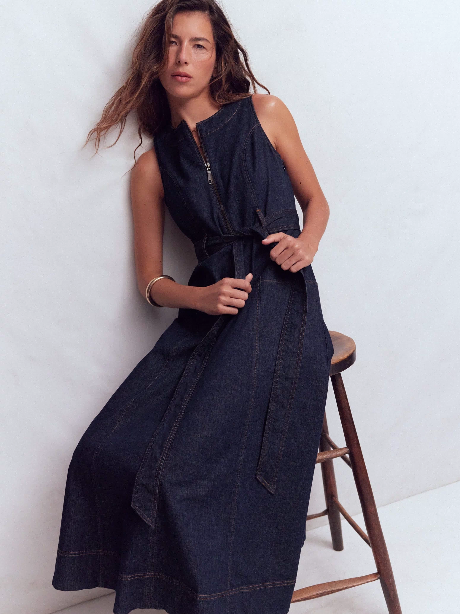 Sleeveless Zip Denim Dress-Indigo Wash