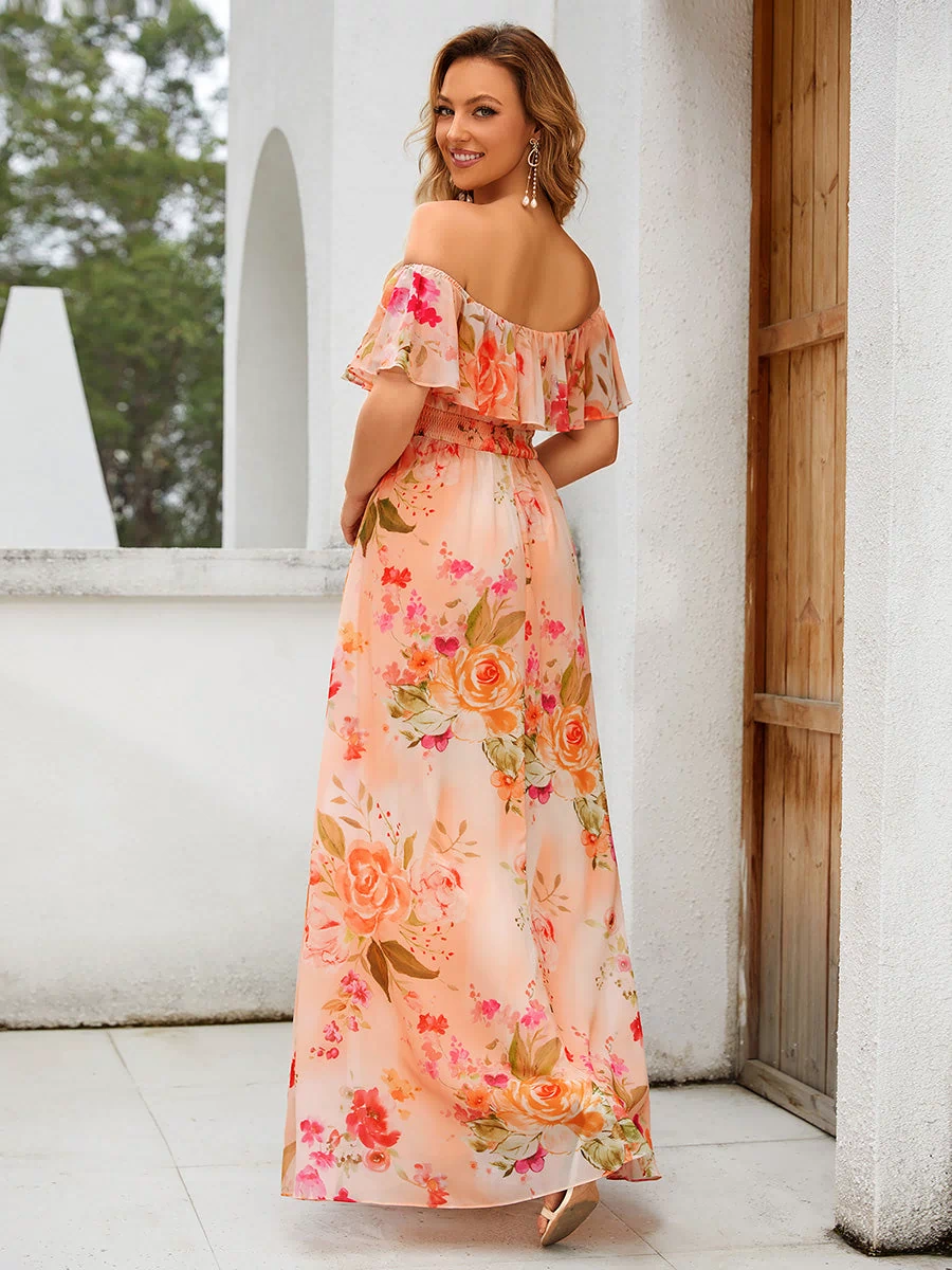 Off the Shoulder Ruffle Bodice Long Flowy Chiffon Bridesmaid Dress #color_Peach Fuzz