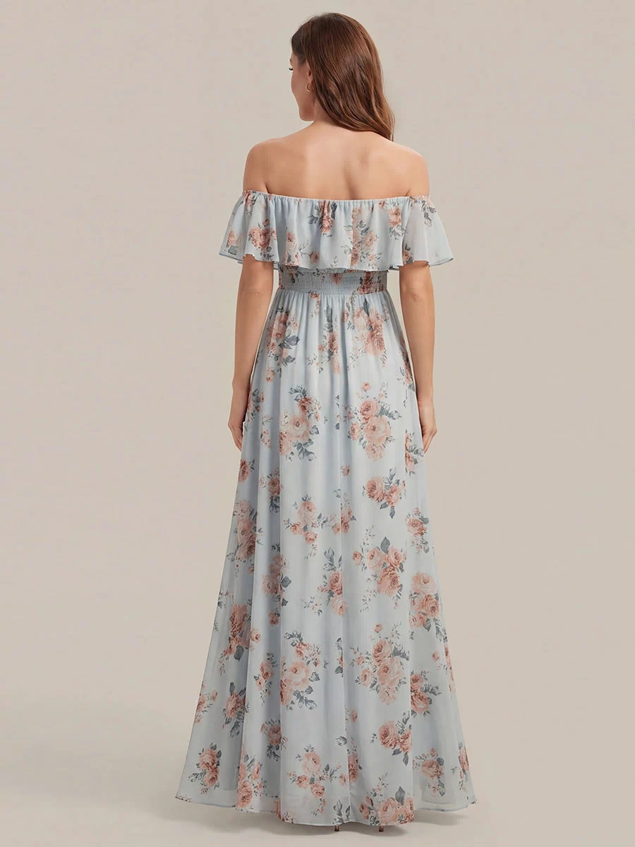 Off the Shoulder Ruffle Bodice Long Flowy Chiffon Bridesmaid Dress #color_Amber Bloom