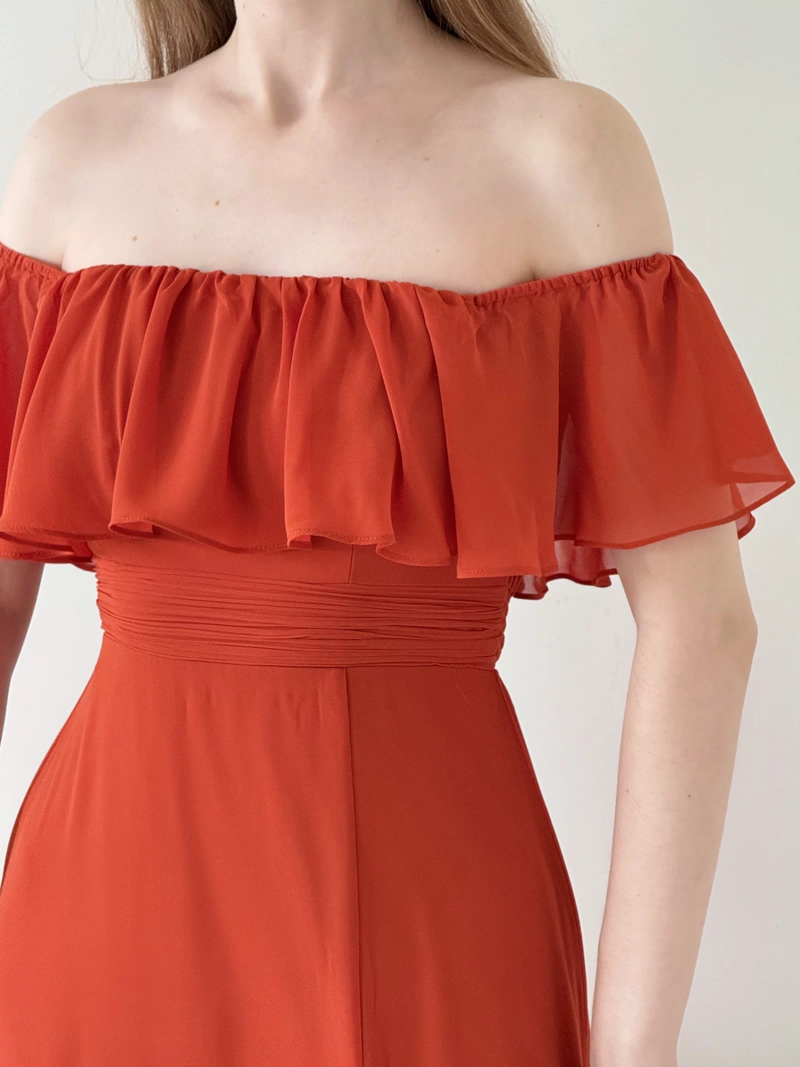 Off the Shoulder Ruffle Bodice Long Flowy Chiffon Bridesmaid Dress #color_Burnt Orange 