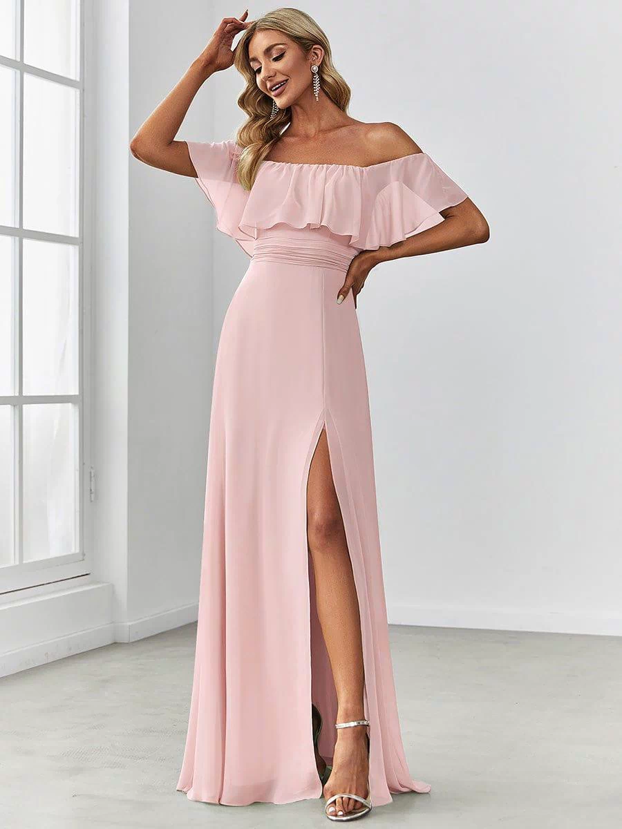 Off the Shoulder Ruffle Bodice Long Flowy Chiffon Bridesmaid Dress #color_Pink 