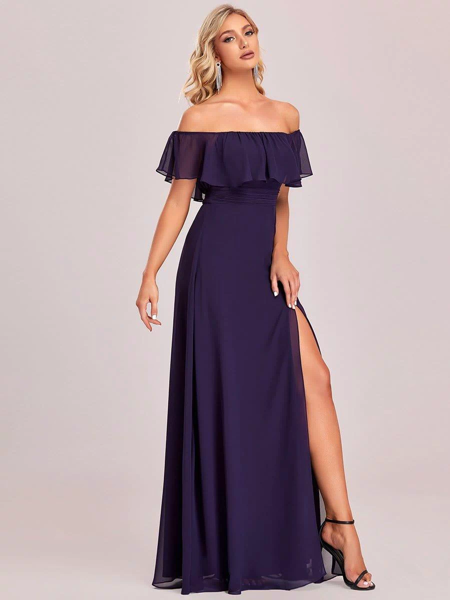 Off the Shoulder Ruffle Bodice Long Flowy Chiffon Bridesmaid Dress #color_Dark Purple