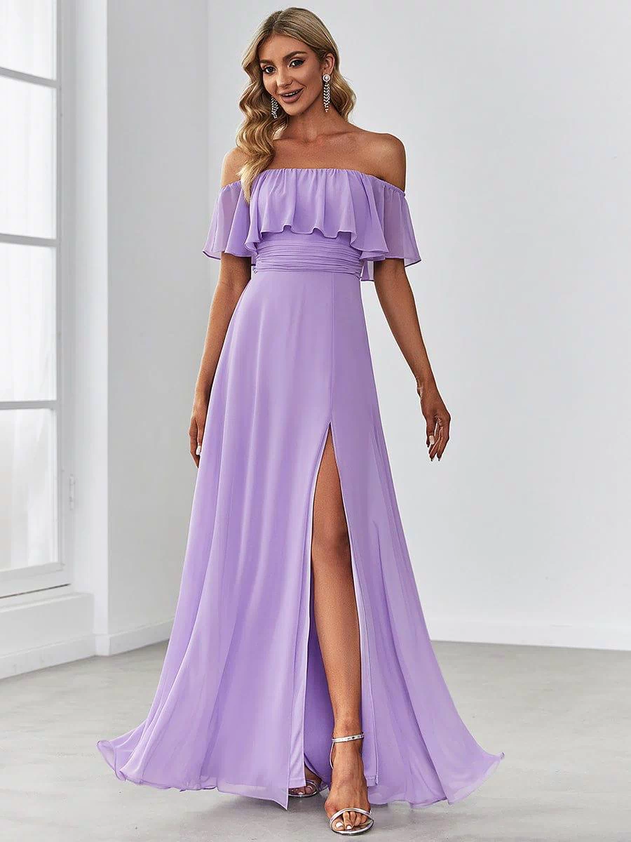 Off the Shoulder Ruffle Bodice Long Flowy Chiffon Bridesmaid Dress #color_Lavender 
