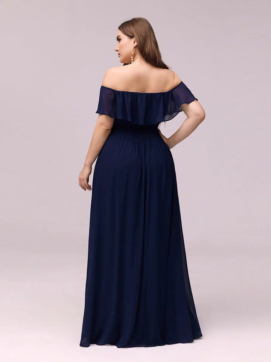 Off the Shoulder Ruffle Bodice Long Flowy Chiffon Bridesmaid Dress #color_Navy Blue