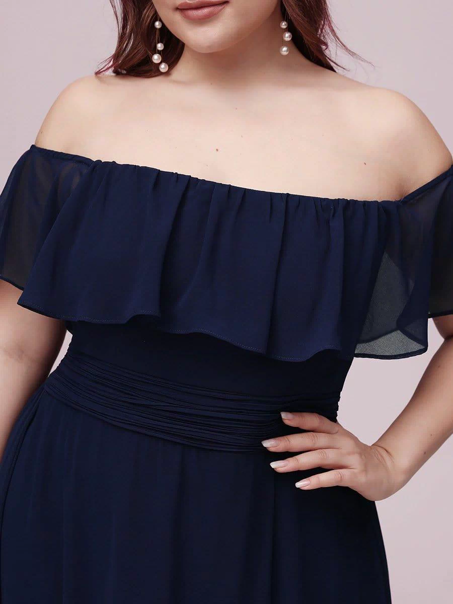 Off the Shoulder Ruffle Bodice Long Flowy Chiffon Bridesmaid Dress #color_Navy Blue