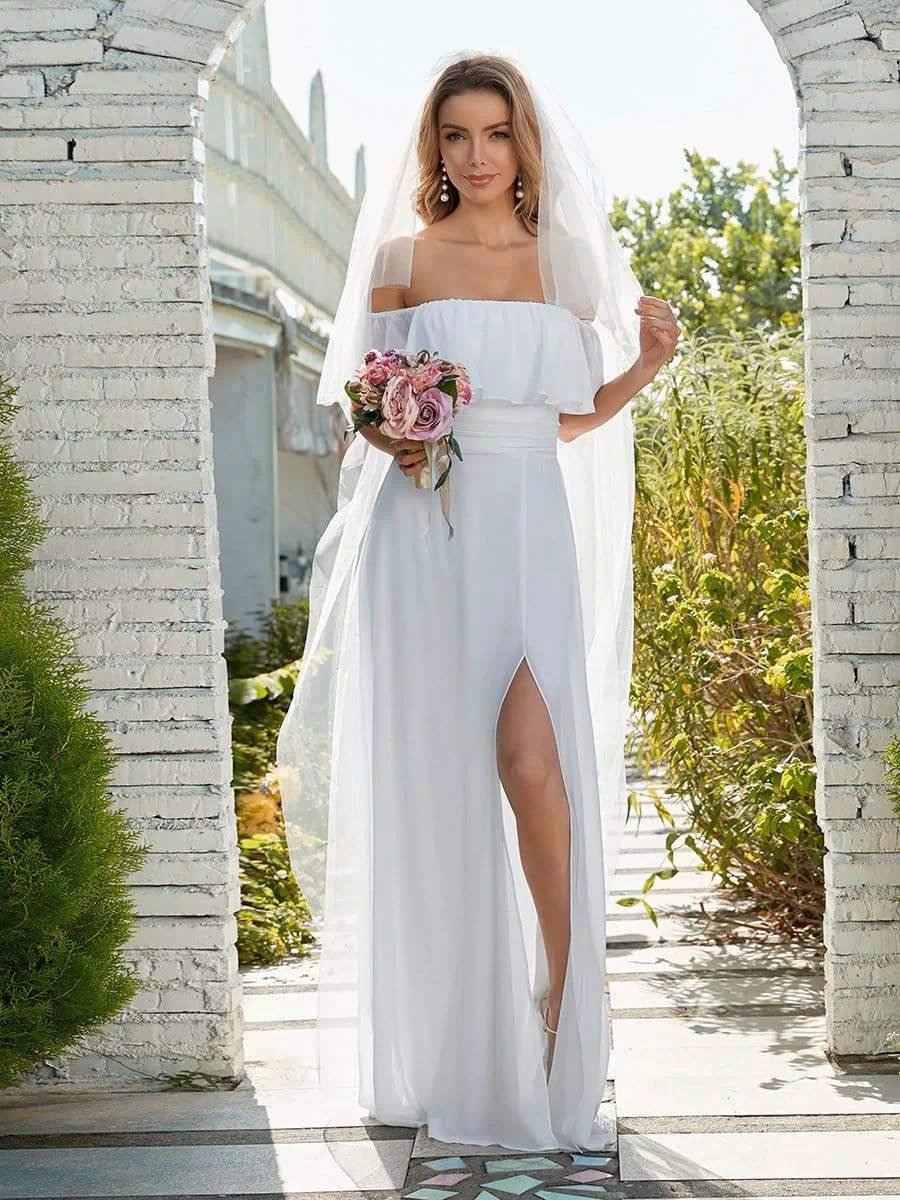Off the Shoulder Ruffle Bodice Long Flowy Chiffon Bridesmaid Dress #color_White