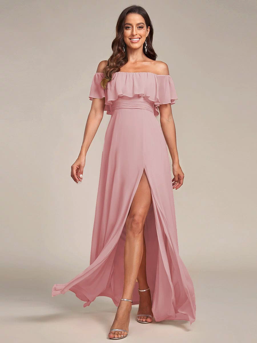Off the Shoulder Ruffle Bodice Long Flowy Chiffon Bridesmaid Dress #color_Dusty Rose