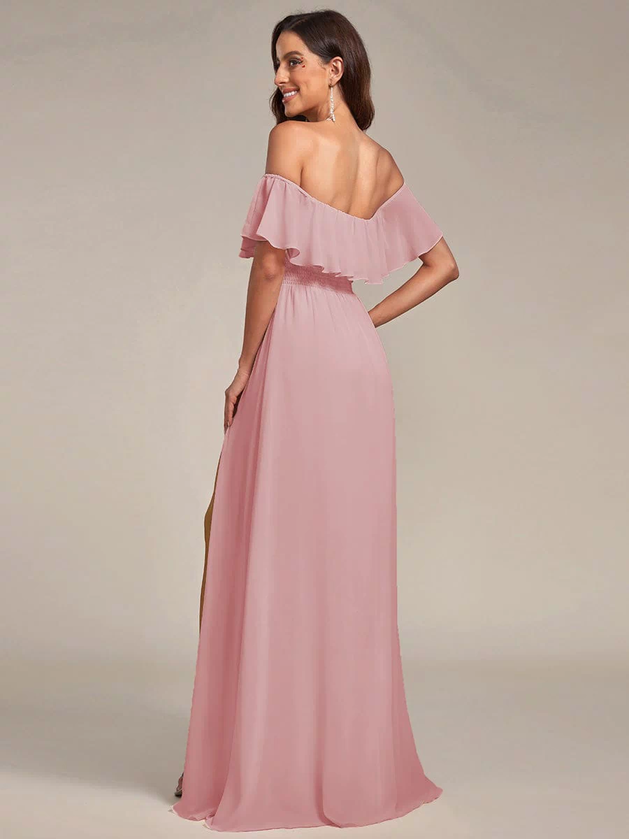 Off the Shoulder Ruffle Bodice Long Flowy Chiffon Bridesmaid Dress #color_Dusty Rose
