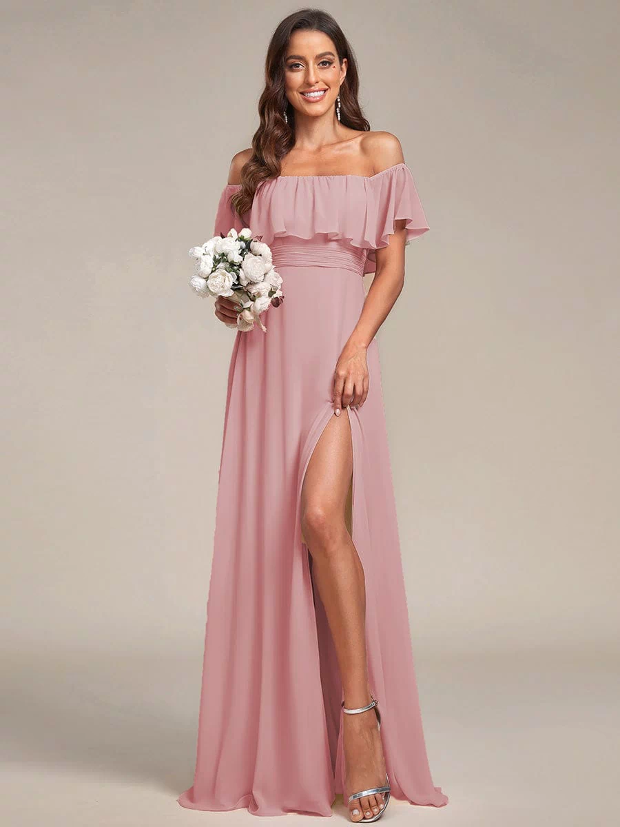 Off the Shoulder Ruffle Bodice Long Flowy Chiffon Bridesmaid Dress #color_Dusty Rose