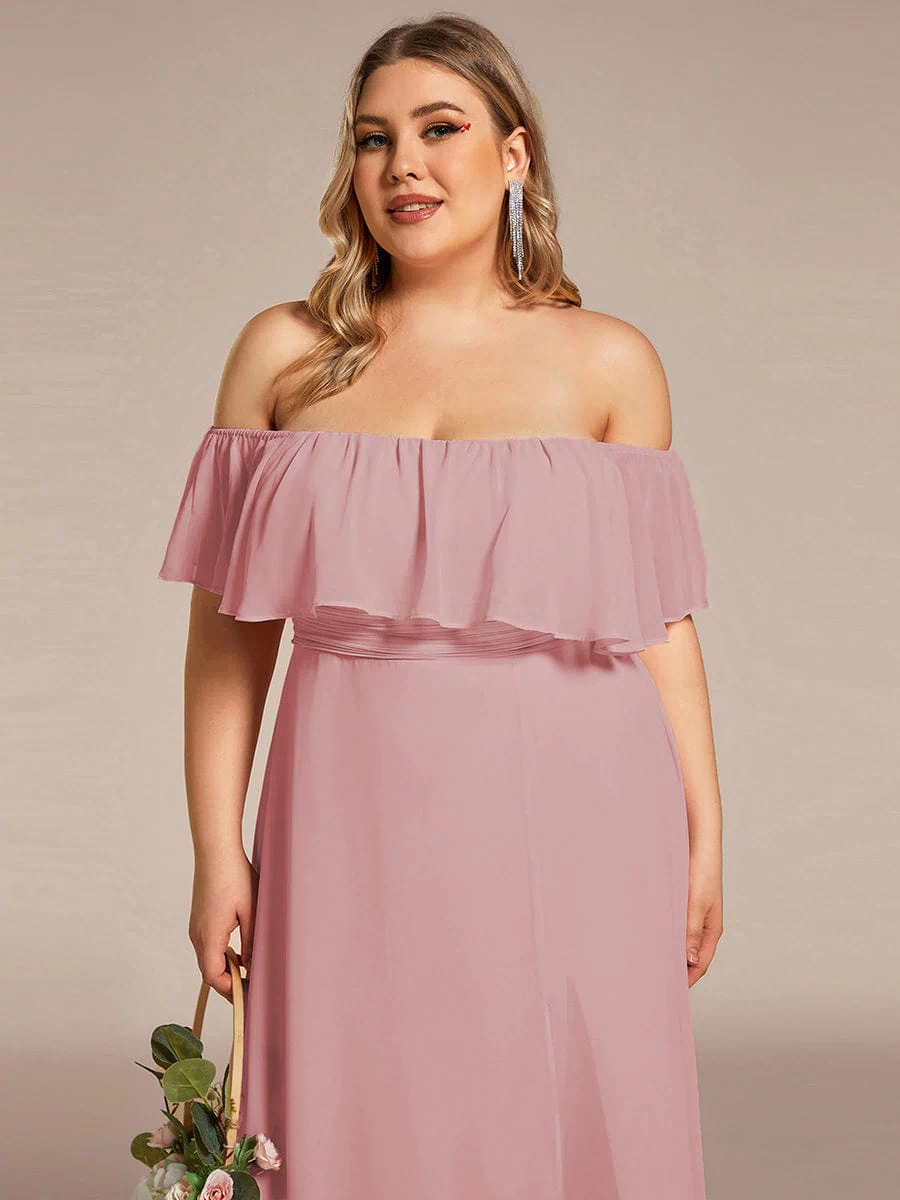 Off the Shoulder Ruffle Bodice Long Flowy Chiffon Bridesmaid Dress #color_Dusty Rose